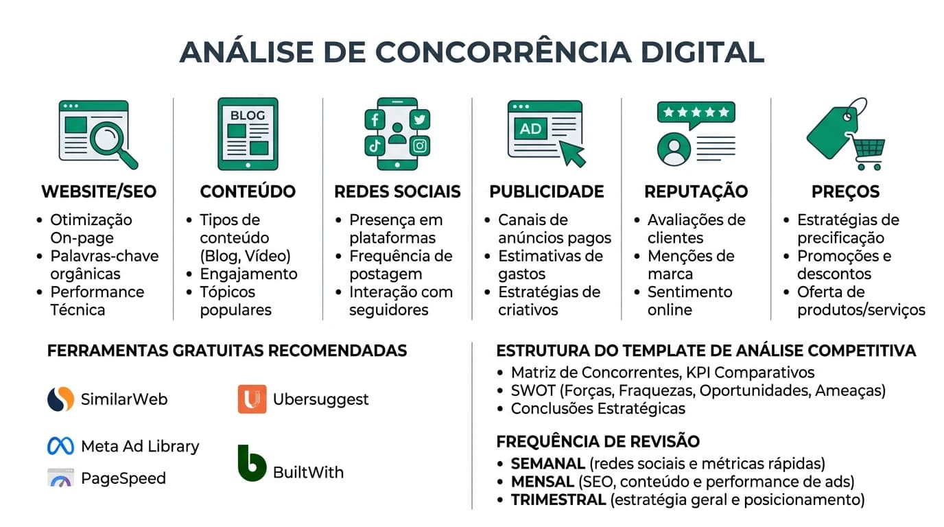 Infografia sobre analise de concorrencia digital para PMEs com ferramentas, metodologia e template de analise.