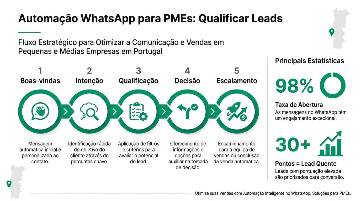 Infografia sobre automacao de WhatsApp Business para PMEs portuguesas com fluxo de qualificacao de leads, chatbots e escalamento humano.