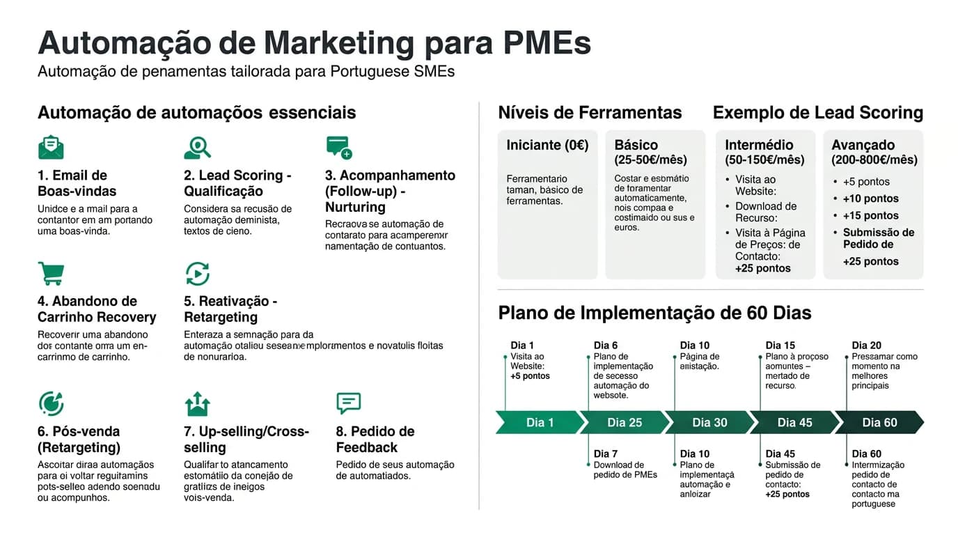 Infografia sobre automatizacao de marketing para PMEs com fluxos, ferramentas e ROI esperado.
