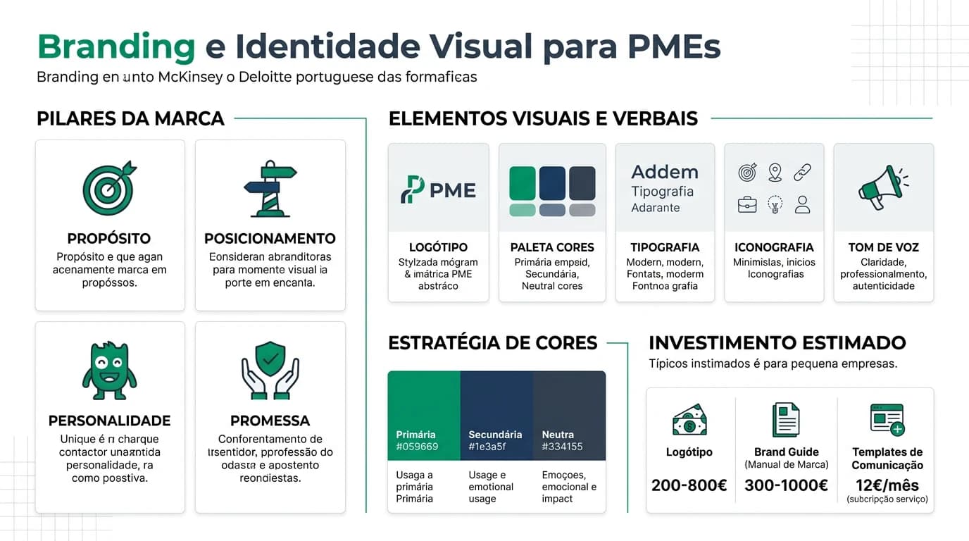 Infografia sobre branding e identidade visual para PMEs com elementos essenciais, exemplos e checklist de marca.