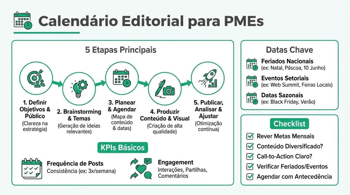 Infografia sobre calendario editorial para PMEs em Portugal com etapas, datas chave, indicadores de desempenho e checklist, apresentada num layout corporativo limpo e legivel.