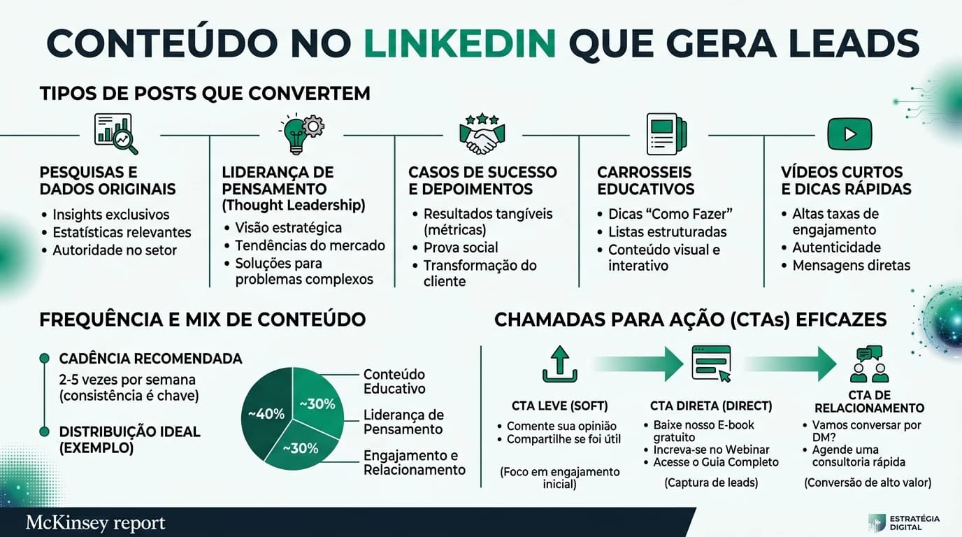 Infografia sobre estratégias de conteúdo para LinkedIn que geram leads em PMEs portuguesas, destacando técnicas de segmentação e otimização.