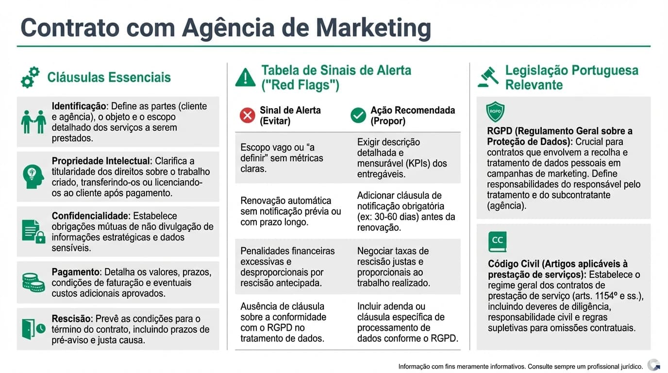 Infografia sobre clausulas essenciais de contrato com agencia de marketing em Portugal, sinais de alerta e pontos a negociar.