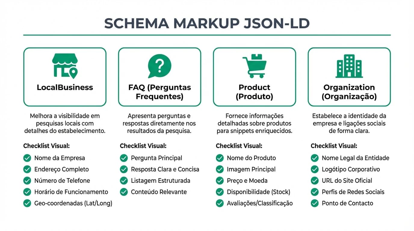 Infografia sobre schema markup JSON-LD para PMEs com exemplos de tipos Organization, LocalBusiness, FAQPage e Product para rich results no Google.