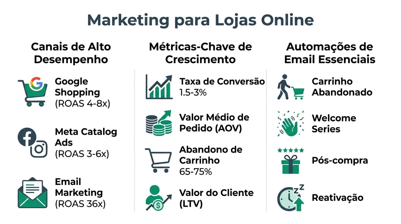 Infografia sobre marketing digital para e-commerce em Portugal com canais, metricas e estrategias de conversao.