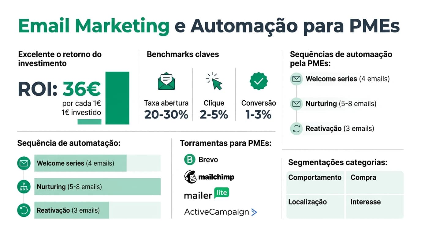 Infografia sobre email marketing e automacao para PMEs em Portugal com metricas, ferramentas e exemplos de sequencias automatizadas.