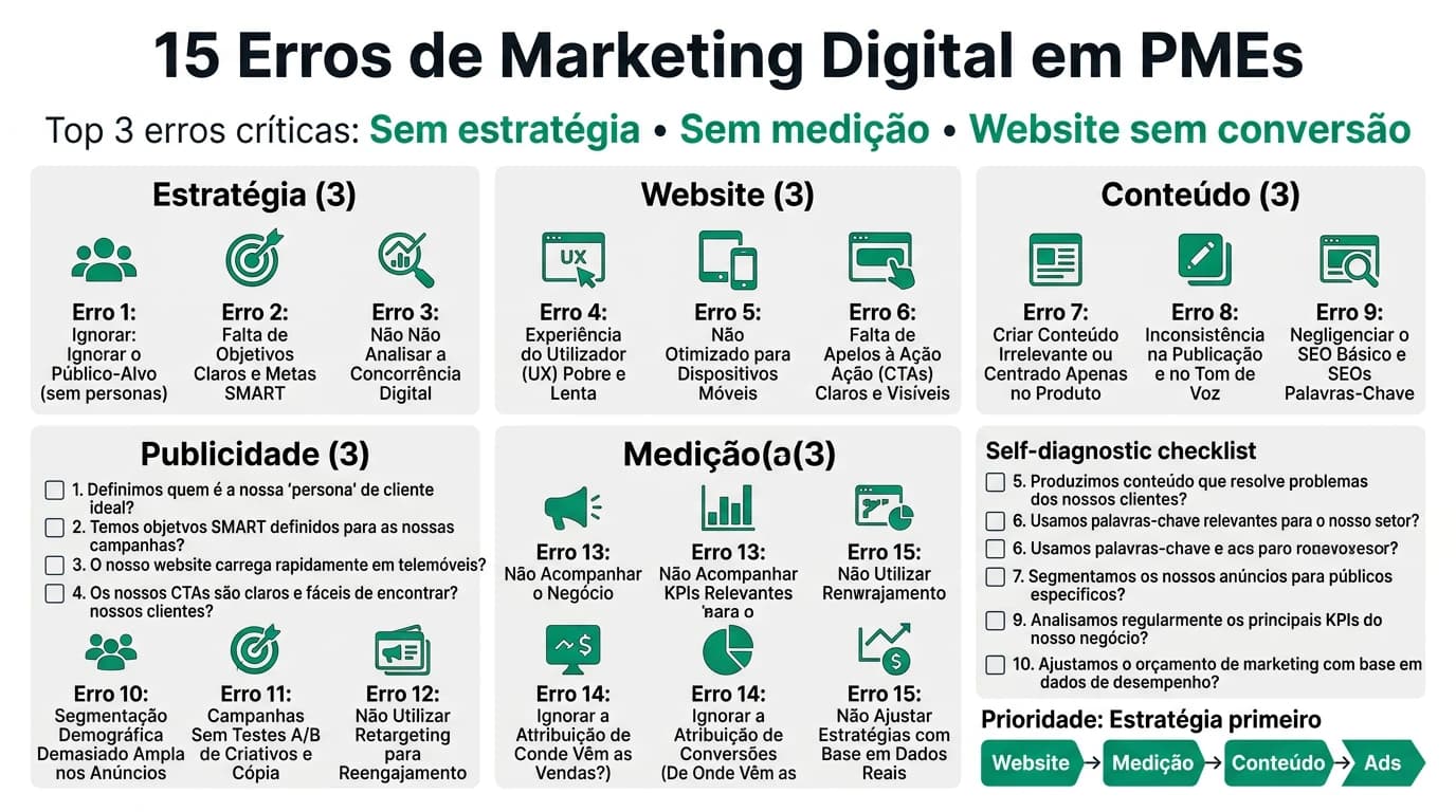 Infografia sobre os 15 erros mais comuns de marketing digital em PMEs portuguesas com diagnostico e solucoes.