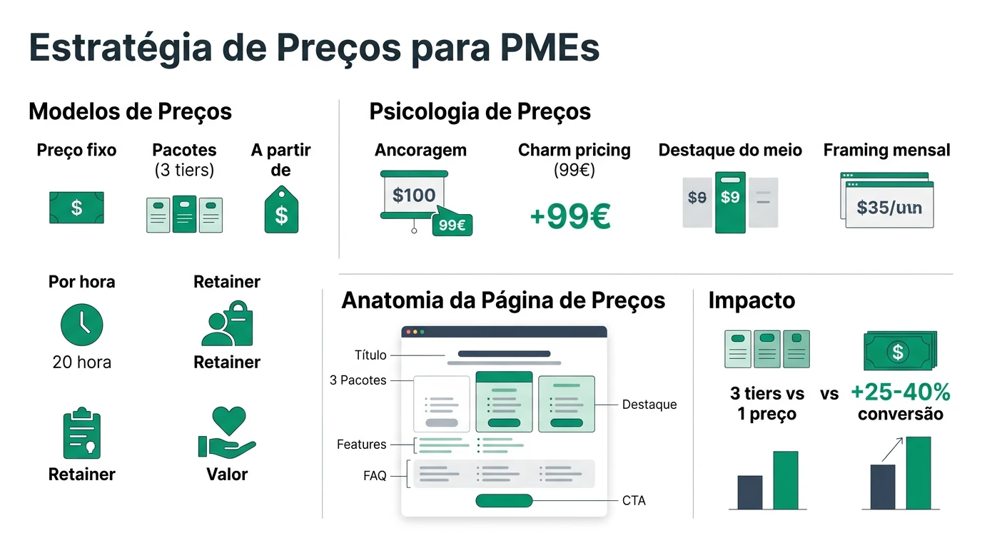 Infografia sobre estrategia de precos para PMEs no digital com modelos de pricing, psicologia e pagina de precos otimizada.