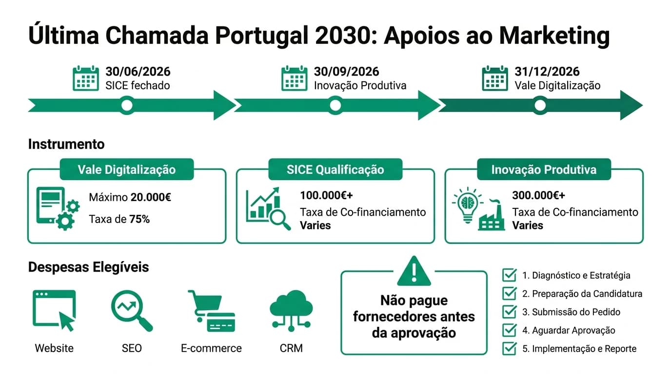 Infografia editorial sobre como financiar marketing digital de PMEs portuguesas com apoios Portugal 2030, incluindo website, SEO, campanhas pagas e CRM, taxas de cofinanciamento até 80 por cento a fundo perdido, prazos de candidatura até dezembro de 2026 e instrumentos Vale Digitalização, SICE Qualificação e Inovação Produtiva.