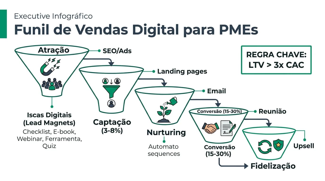 Infografia sobre funil de vendas digital para PMEs em Portugal com etapas, metricas e taxas de conversao por fase.