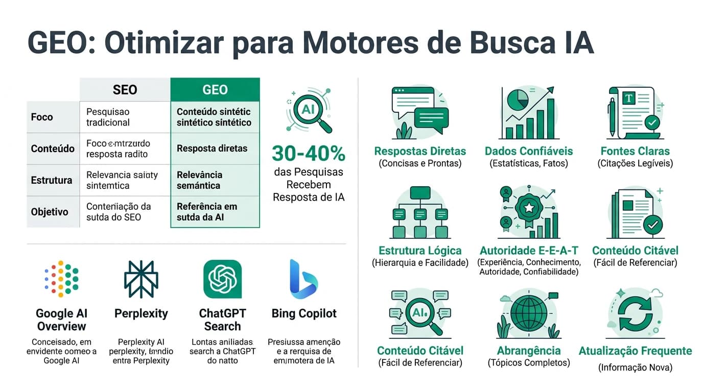 Infografia sobre GEO e otimizacao para motores de busca com IA com estrategias, diferencas do SEO tradicional e checklist.
