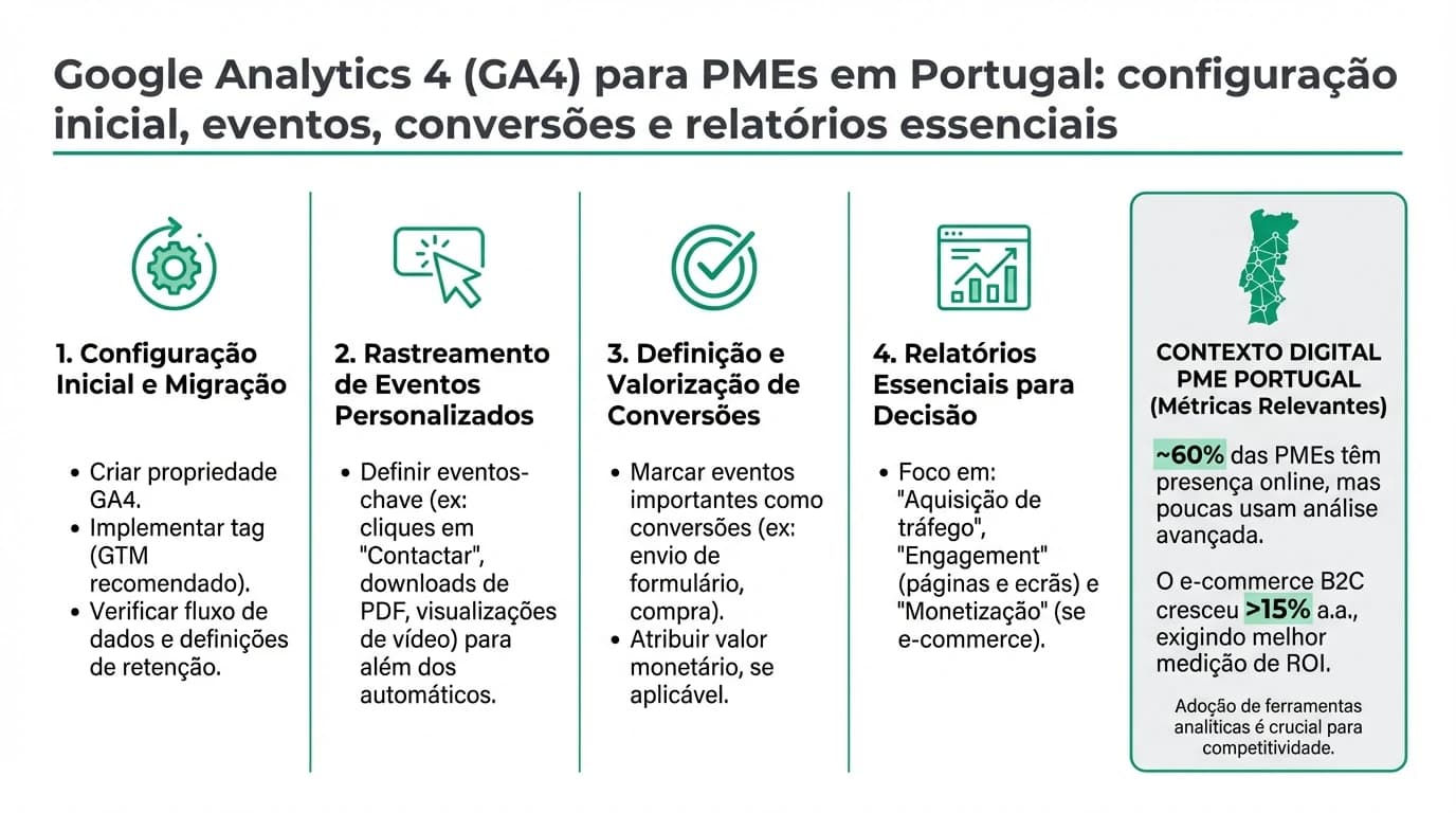 Infografia sobre Google Analytics 4 para PMEs em Portugal mostrando fluxo de implementacao da tag, definicao de eventos personalizados, conversao e leitura de relatorios essenciais.