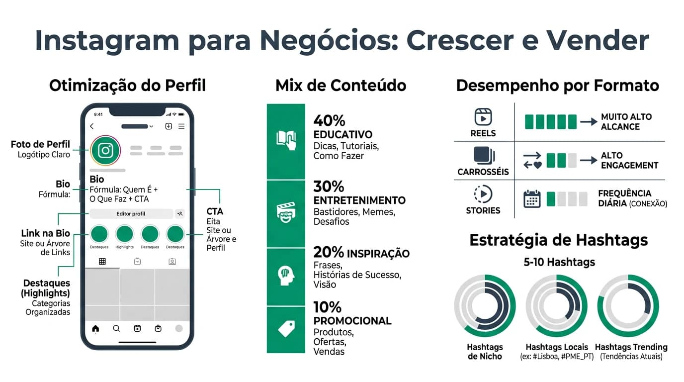 Infografia sobre Instagram para negocios em Portugal com perfil otimizado, tipos conteudo, Reels e metricas de crescimento.