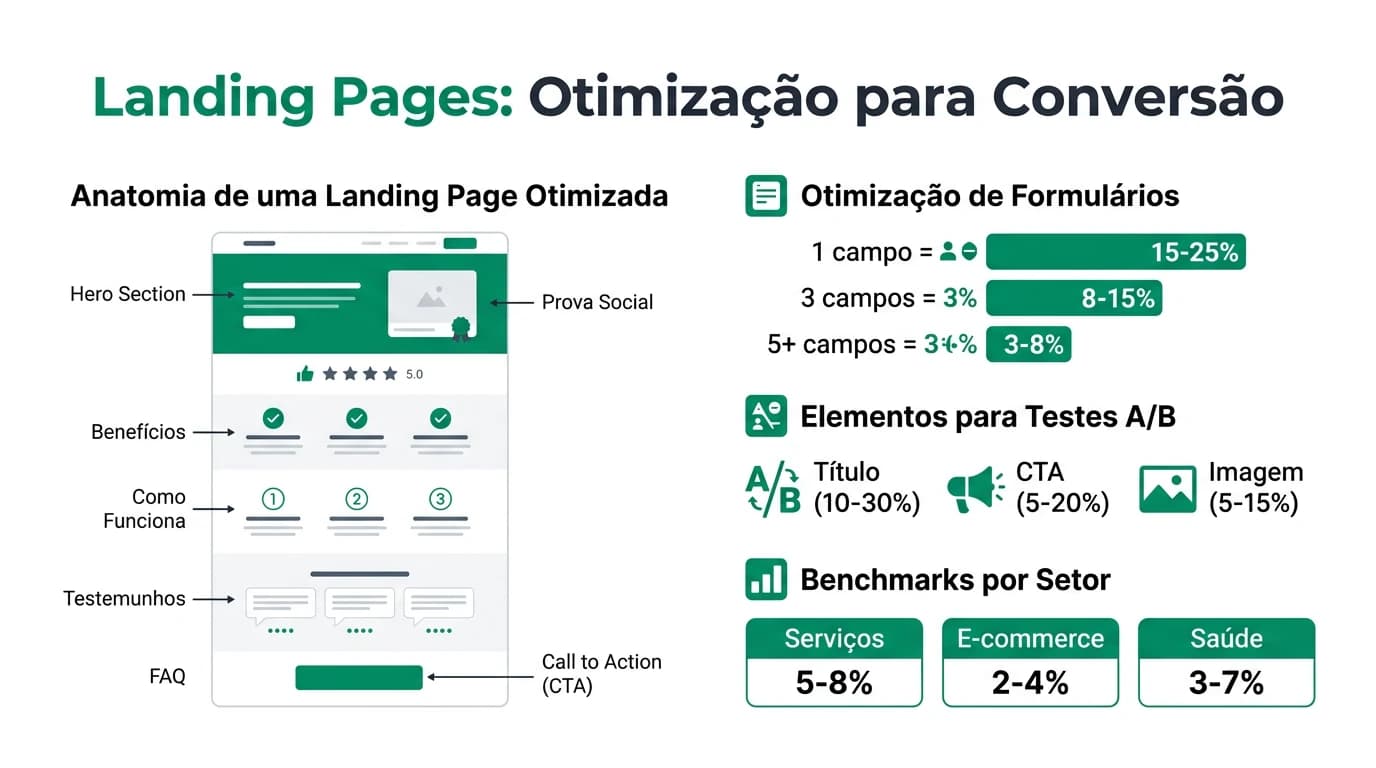 Infografia sobre landing pages otimizadas para PMEs com anatomia, benchmarks e checklist de conversao.