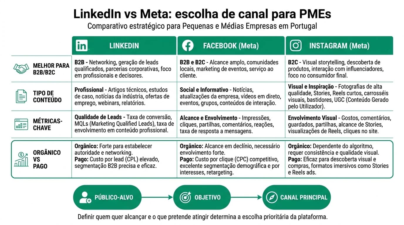 Infografia comparativa entre LinkedIn e Meta para PMEs em Portugal com colunas por canal, organic versus pago e decisao B2B versus B2C.