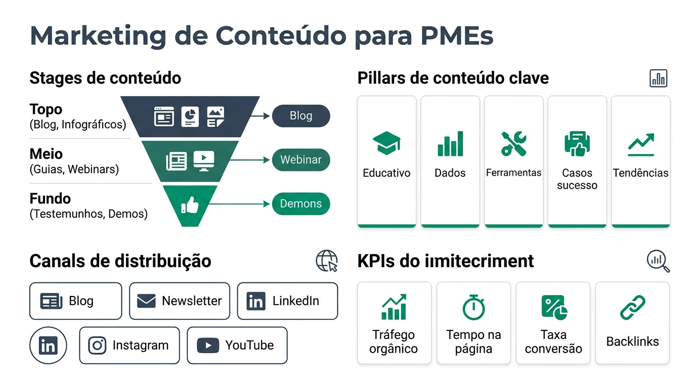 Infografia sobre marketing de conteudo para PMEs em Portugal com tipos de conteudo, funil de vendas e metricas de sucesso.