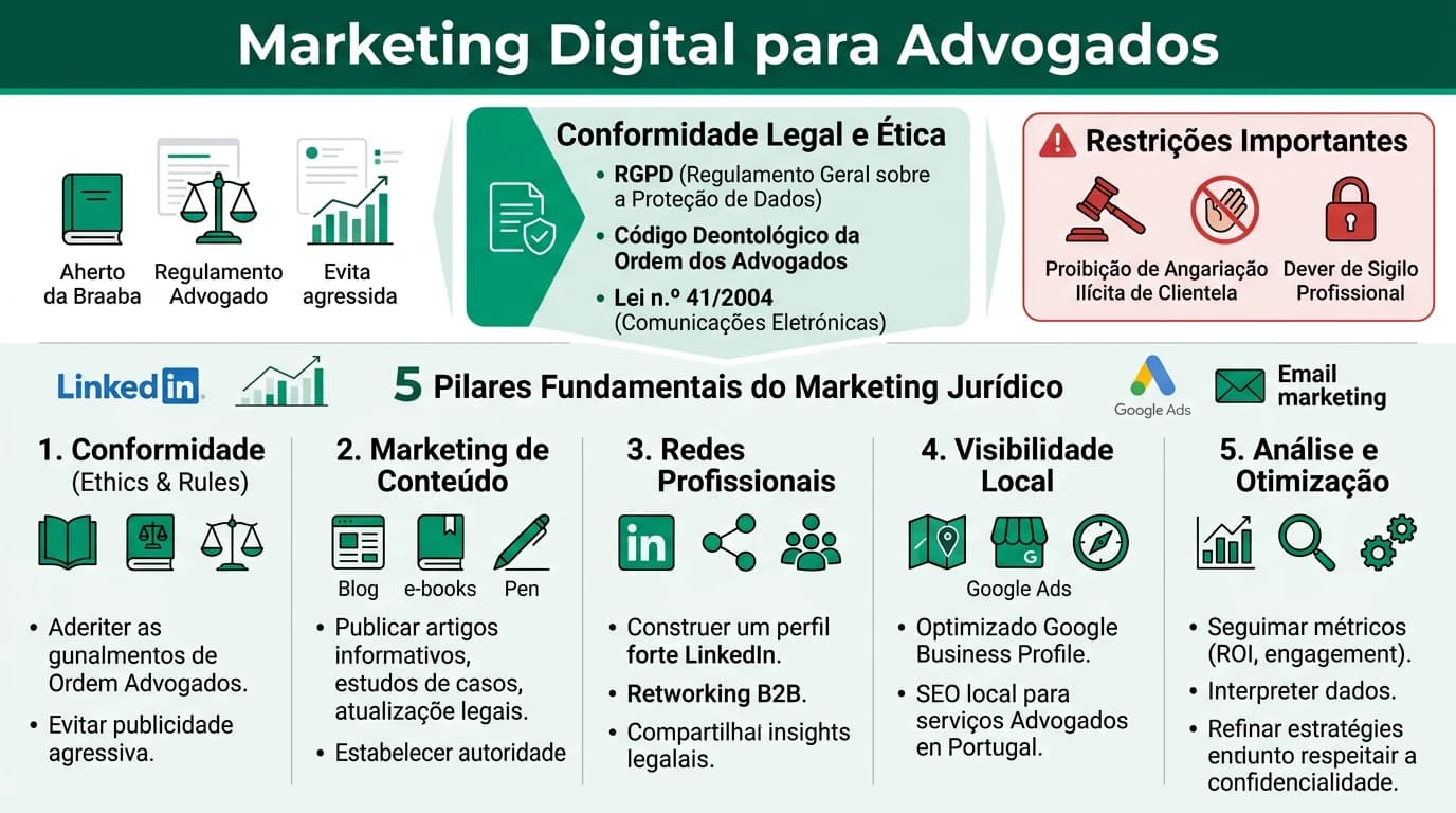 Infografia sobre estratégias de marketing digital para advogados em Portugal