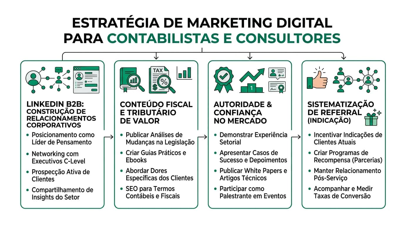 Infografia sobre estratégias de marketing digital para contabilistas e consultores em Portugal