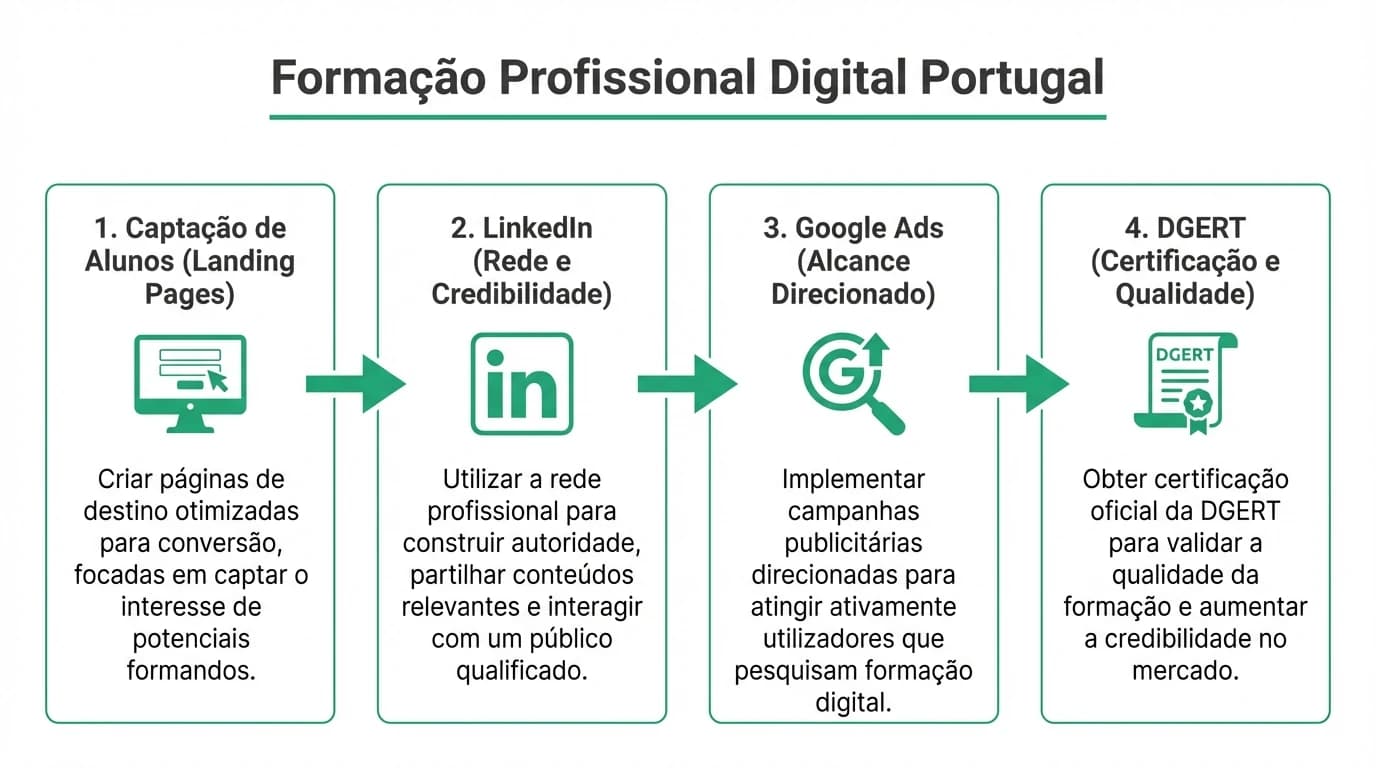 Infografia sobre marketing para centros de formacao em Portugal com captacao de alunos, otimizacao de landing pages, LinkedIn e Google Ads e referencia a conformidade DGERT.