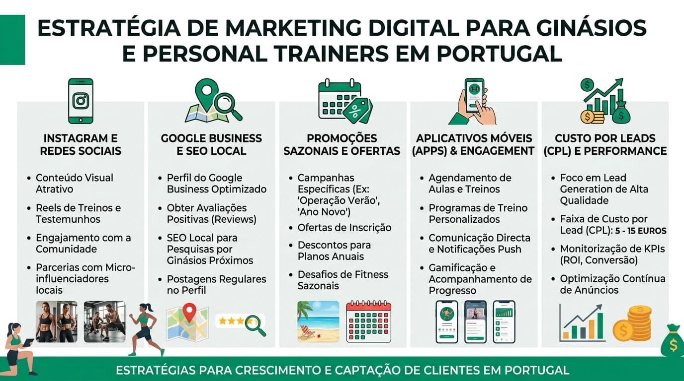 Infografia sobre estratégias de marketing digital para ginásios e personal trainers em Portugal.