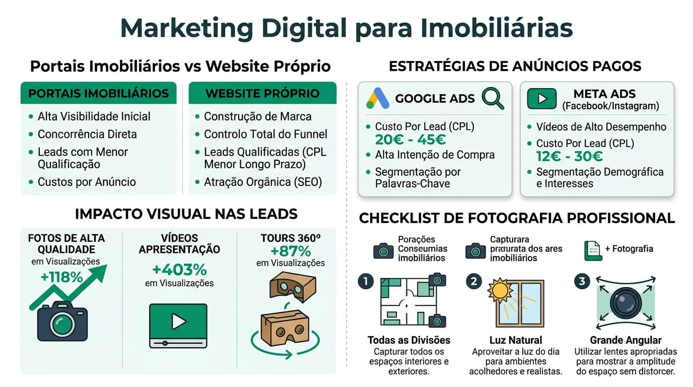 Infografia sobre marketing digital para imobiliarias em Portugal com canais, fotografia e estrategias de geracao de leads.