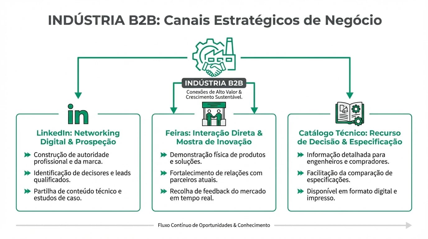 Infografia sobre marketing digital B2B para industria em Portugal com LinkedIn, catalogo tecnico digital, feiras e nutricao de leads.
