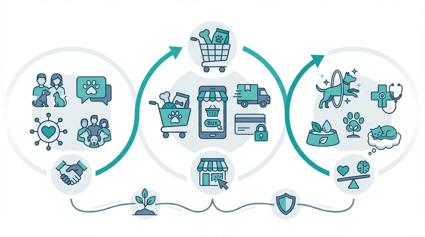 Infografia sobre marketing digital para pet shops: redes sociais, Google e e-commerce.