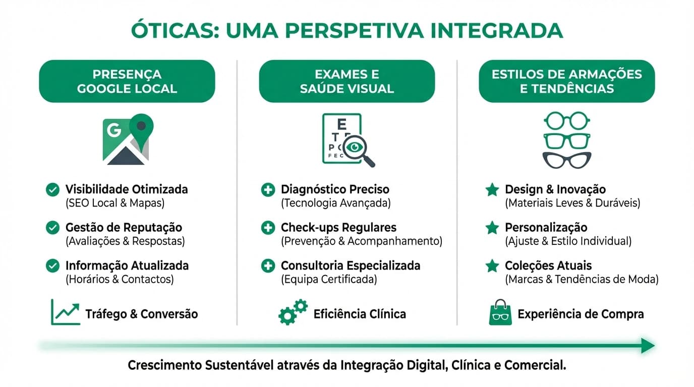 Infografia sobre marketing digital para oculistas e oticas em Portugal com perfil local, servicos de exame e destacamento de coleccoes.