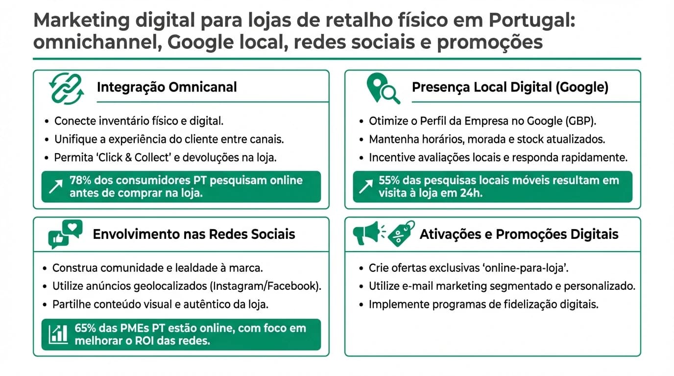 Infografia sobre marketing para retalho fisico em Portugal com pilares Google local, redes sociais, omnichannel click and collect e indicadores de trafego e ticket medio.