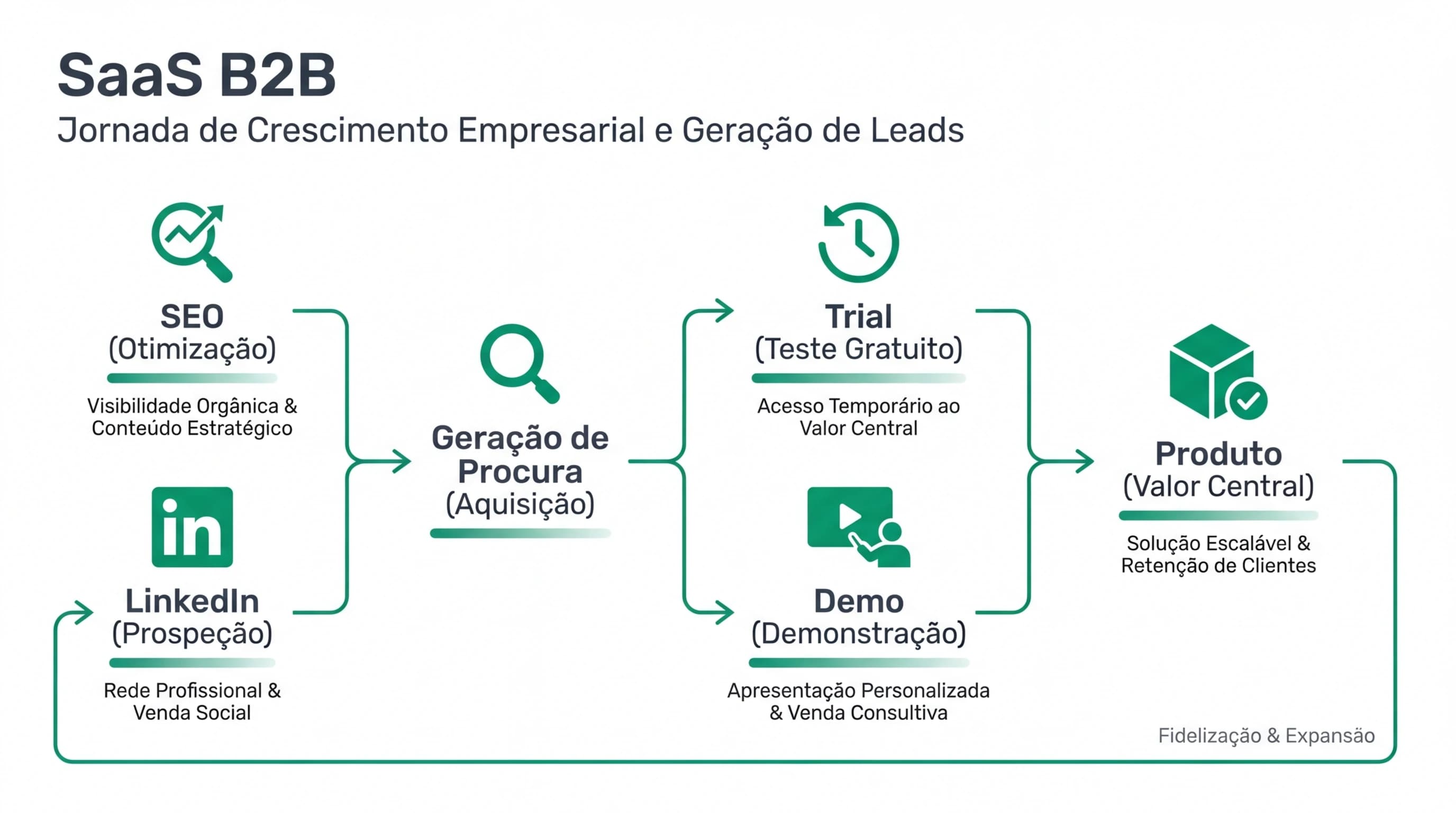 Infografia sobre marketing SaaS B2B em Portugal com trial gratuito, demonstracao, SEO de produto e nutricao de leads via LinkedIn.
