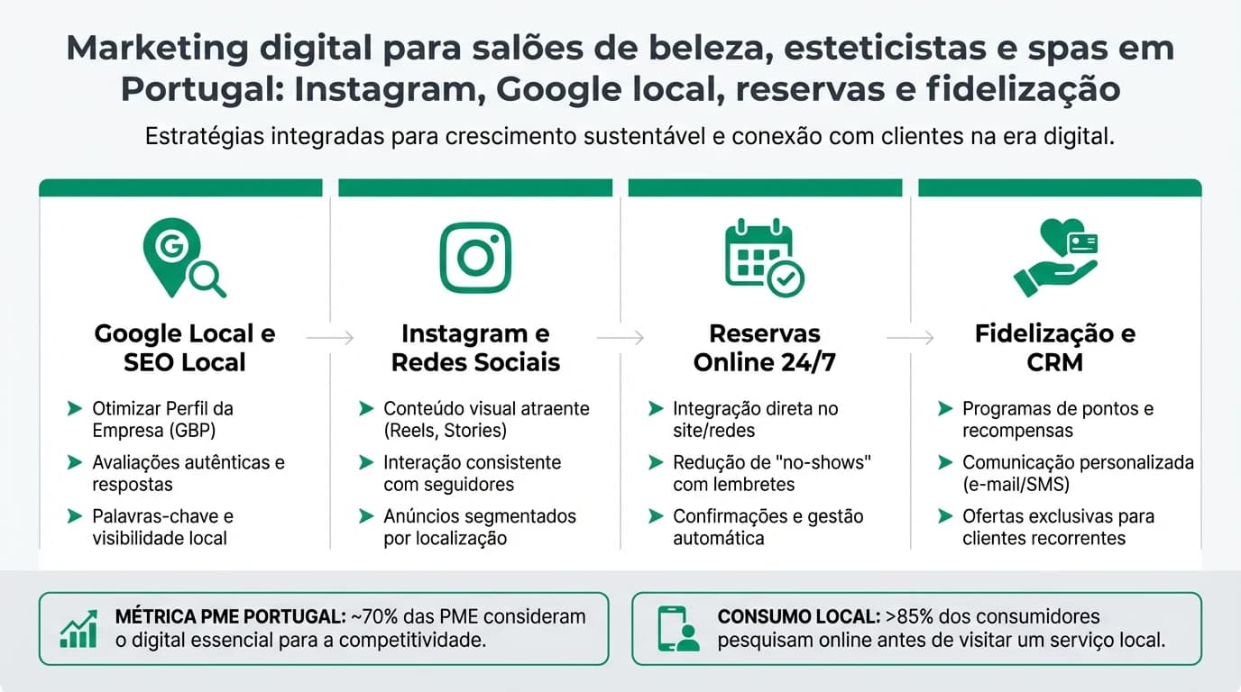 Infografia sobre marketing para saloes de beleza em Portugal com destaque para Google Business Profile, Instagram com reels, software de reservas e metricas de ocupacao e avaliacao media.