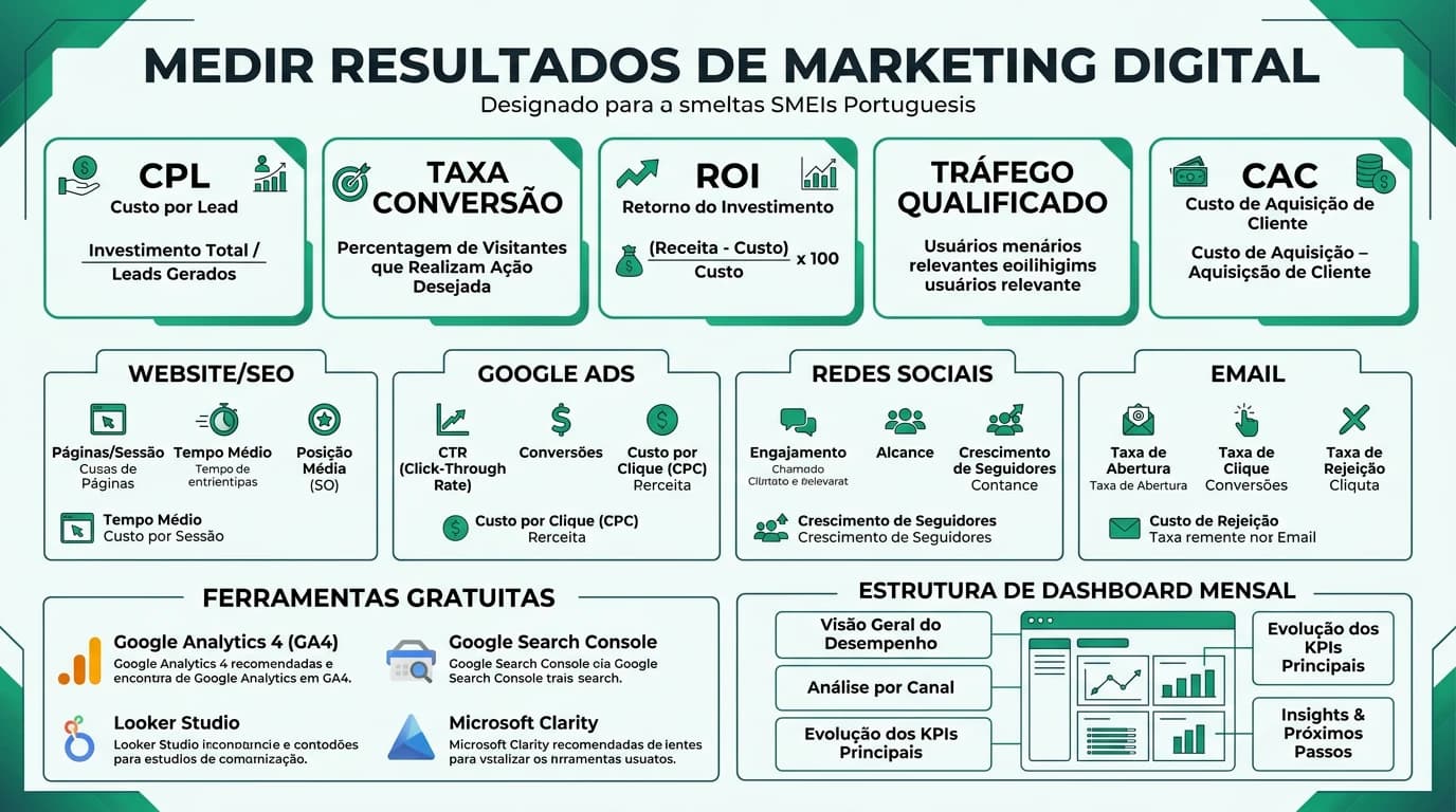Infografia sobre KPIs de marketing digital para PMEs com metricas por canal, ferramentas e dashboard modelo.