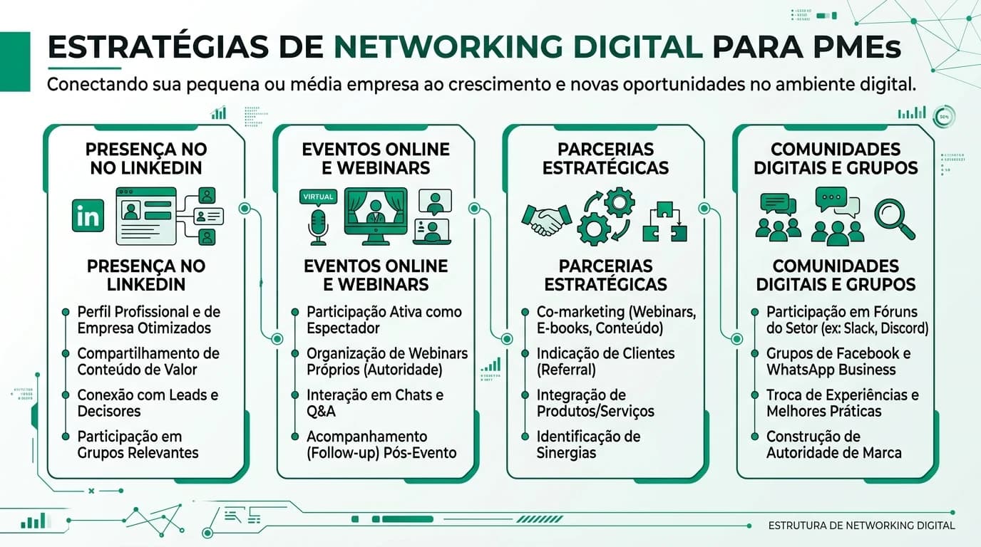 Ilustração de networking digital mostrando conexões online entre PMEs