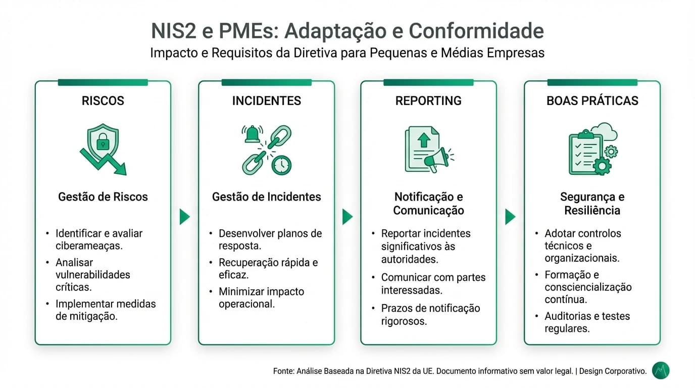 Infografia sobre NIS2 para PMEs em Portugal com gestao de riscos, medidas de seguranca, notificacao de incidentes e ligacao ao quadro RGPD.