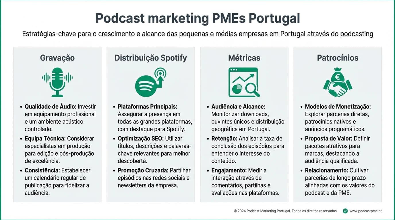 Infografia sobre podcast para PMEs em Portugal com etapas de gravacao, distribuicao Spotify e Apple Podcasts, indicadores de audiencia e oportunidades de patrocinio.