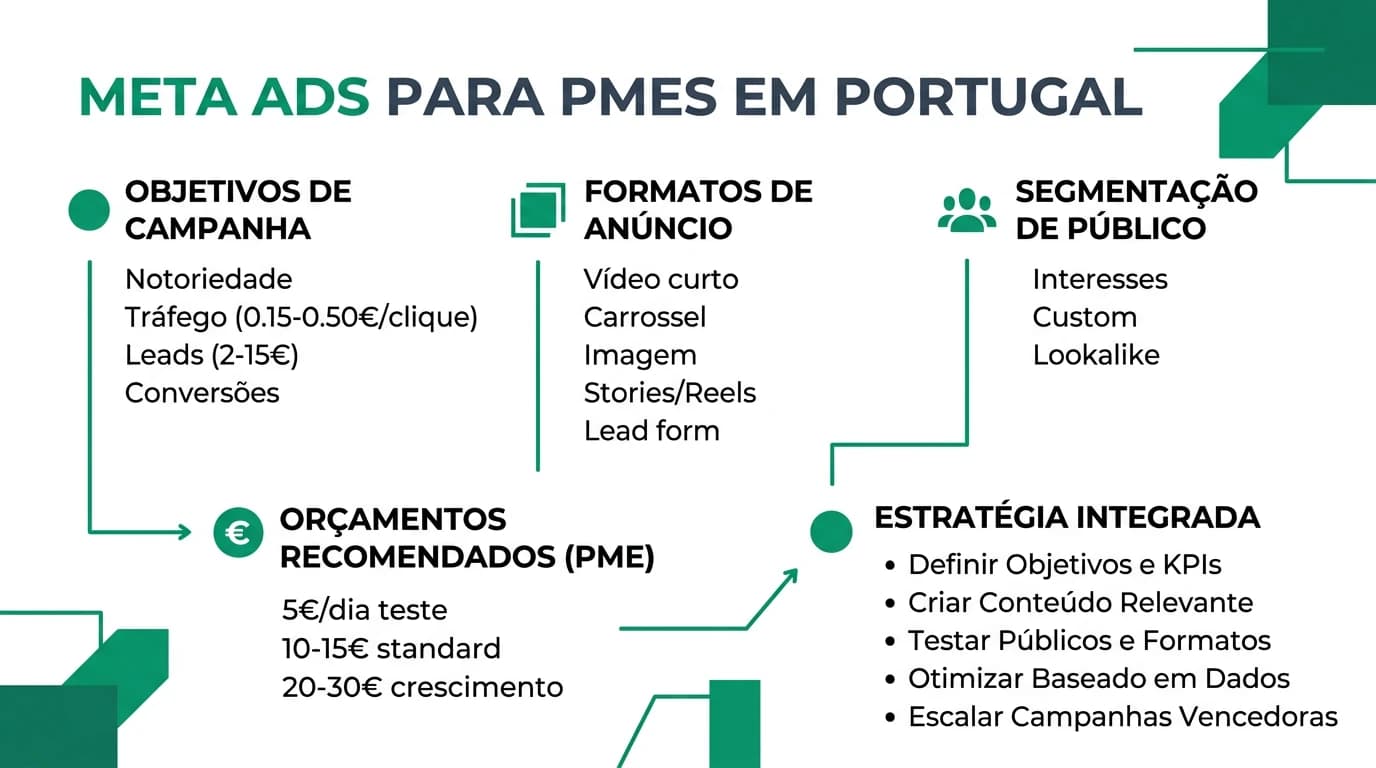 Infografia sobre Meta Ads para PMEs em Portugal com tipos de campanha, segmentacao, formatos de anuncio e orcamentos recomendados.