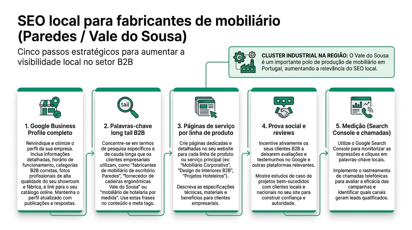 Fábrica de mobiliário em Paredes e Vale do Sousa com destaque em SEO local e Google Business Profile, atraindo clientes locais.