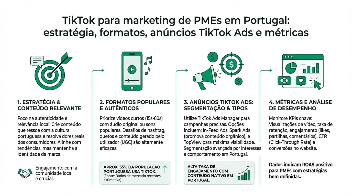 Infografia sobre estrategia de TikTok para PMEs em Portugal com pilares de conteudo, formatos de anuncio Spark Ads e In-Feed, e indicadores como retencao, CTR e custo por resultado.