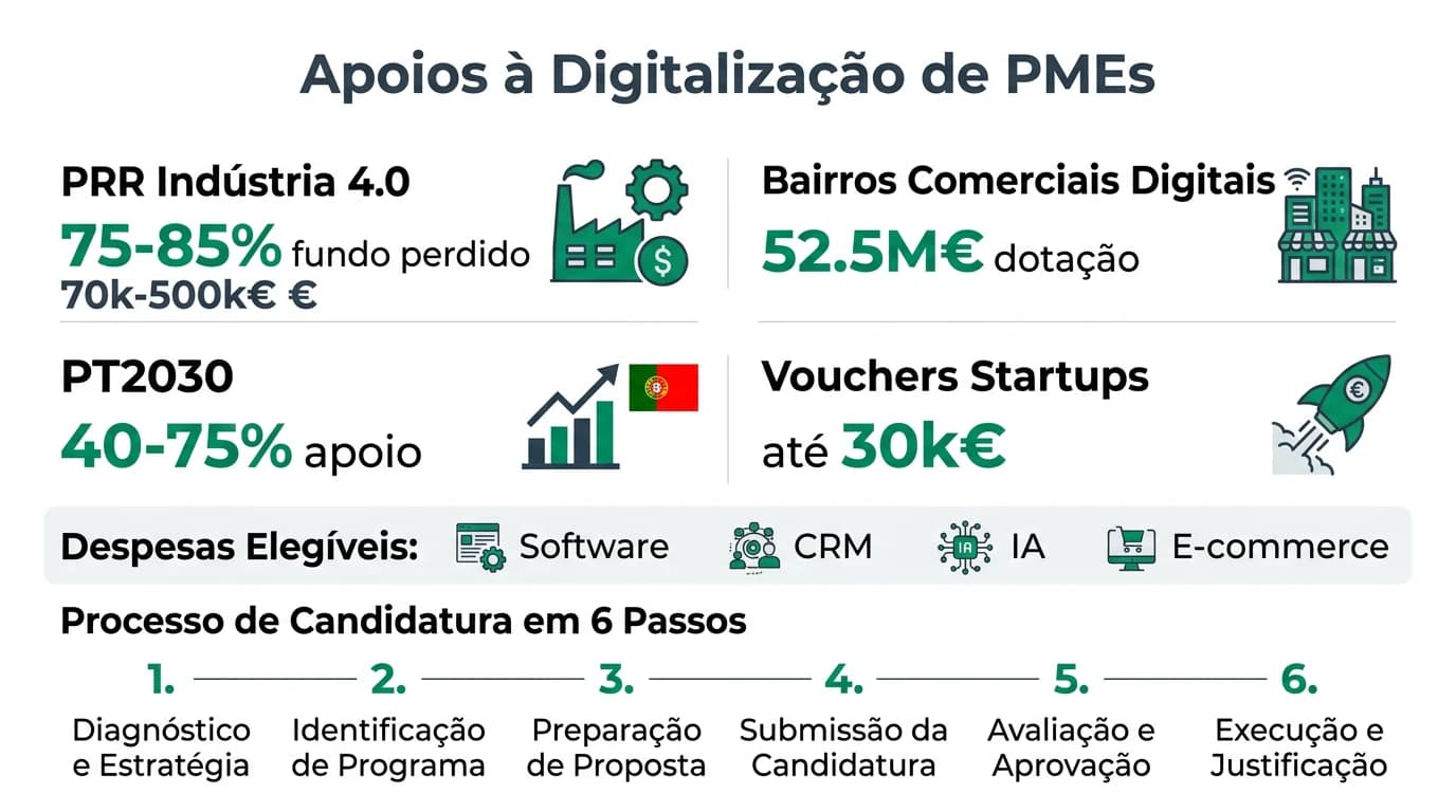 Infografia sobre o Vale Digital 2.0 no PRR para PMEs portuguesas, com etapas para candidatura, areas elegiveis como loja online, CRM e campanhas de marketing digital, e alertas para fontes oficiais.