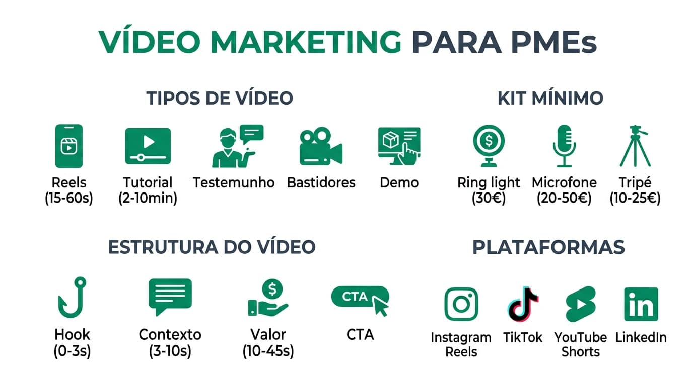 Infografia sobre video marketing para PMEs em Portugal com tipos de video, plataformas e dicas de producao acessivel.
