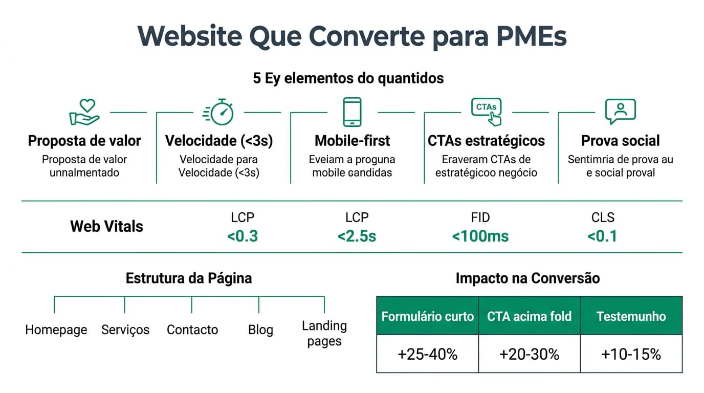 Infografia sobre como criar um website que converte para PMEs em Portugal com elementos essenciais, checklist de otimizacao e benchmarks de conversao.
