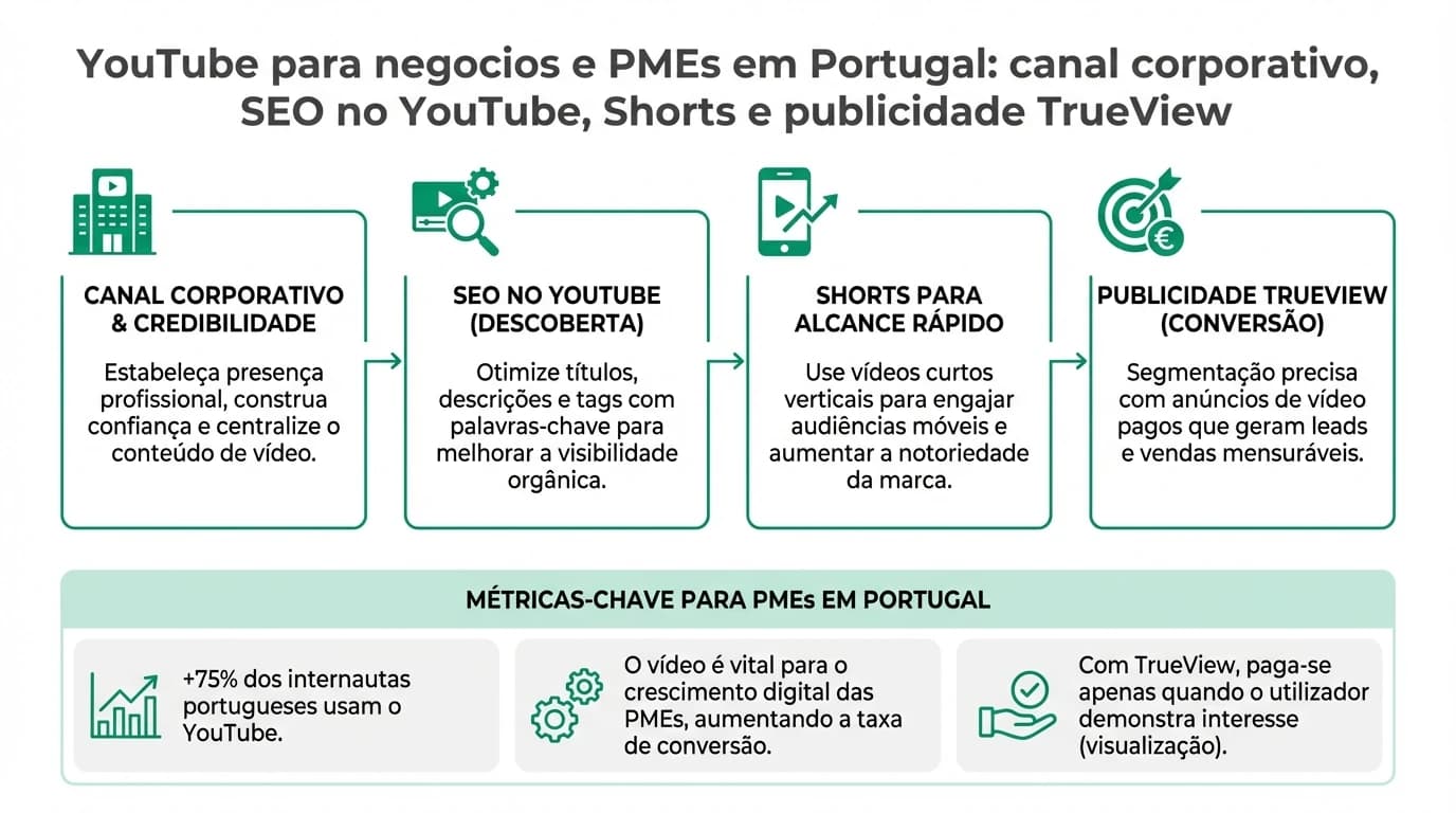 Infografia sobre estrategia de YouTube para PMEs com otimizacao de titulos, miniaturas, playlists, Shorts e campanhas de video TrueView e medicao de resultados.